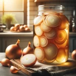 Jarabe de cebolla en proceso de elaboración, con rodajas de cebolla apiladas en un frasco de vidrio, destacando su uso como remedio casero contra resfriados.