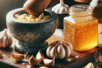 Proceso de preparación de miel de ajo casera en una cocina rústica, mostrando ajo triturado mezclado con miel dorada en un mortero, listo para potenciar el sistema inmunológico.